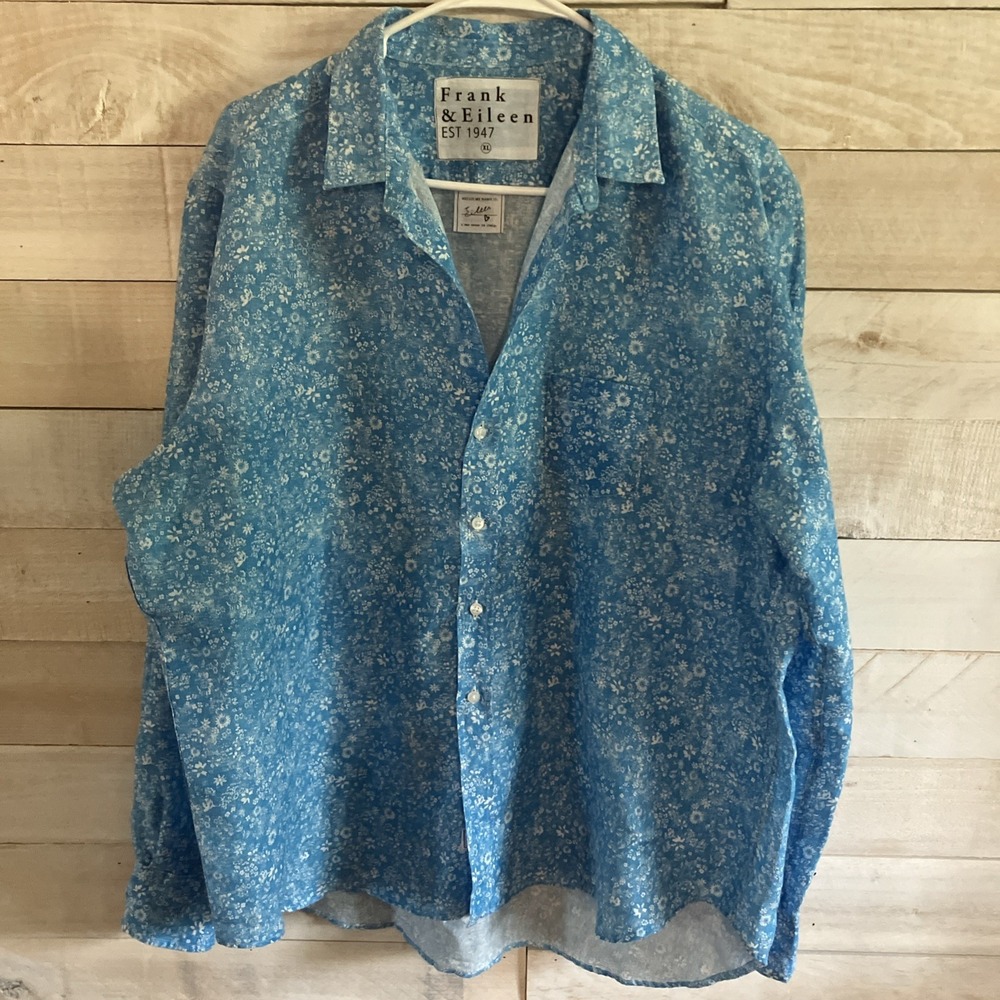 Frank & Eileen Women's Eileen Linen Button Up Blue Floral Italian Woven Top XL